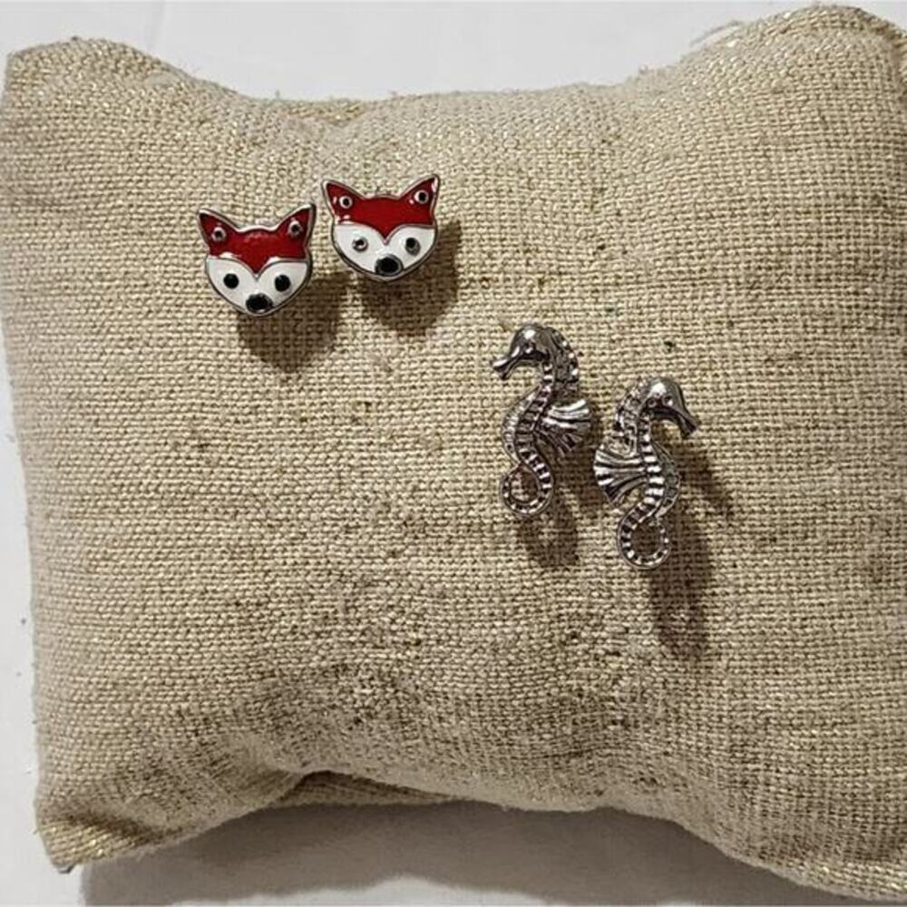 Enamel red fox and silver tone seahorse stud earrings